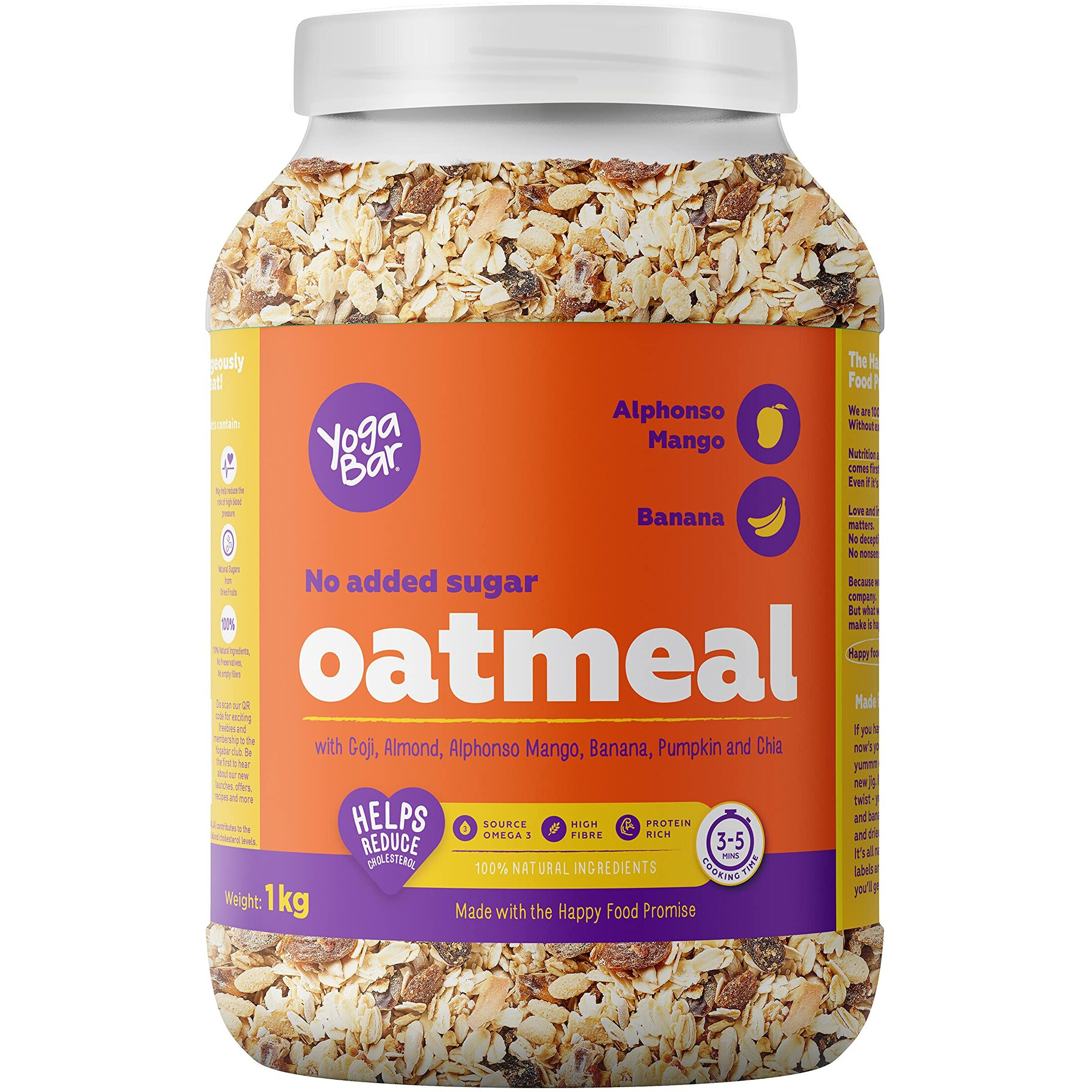 Yogabar No Added Sugar Oatmeal 1kg - with Alphonso Mango, Chia Seeds and Real Fruits & Berries - Whole Breakfast Oatmeal Cereal - Overnight Oats - with Rolled Oats for Weight Loss