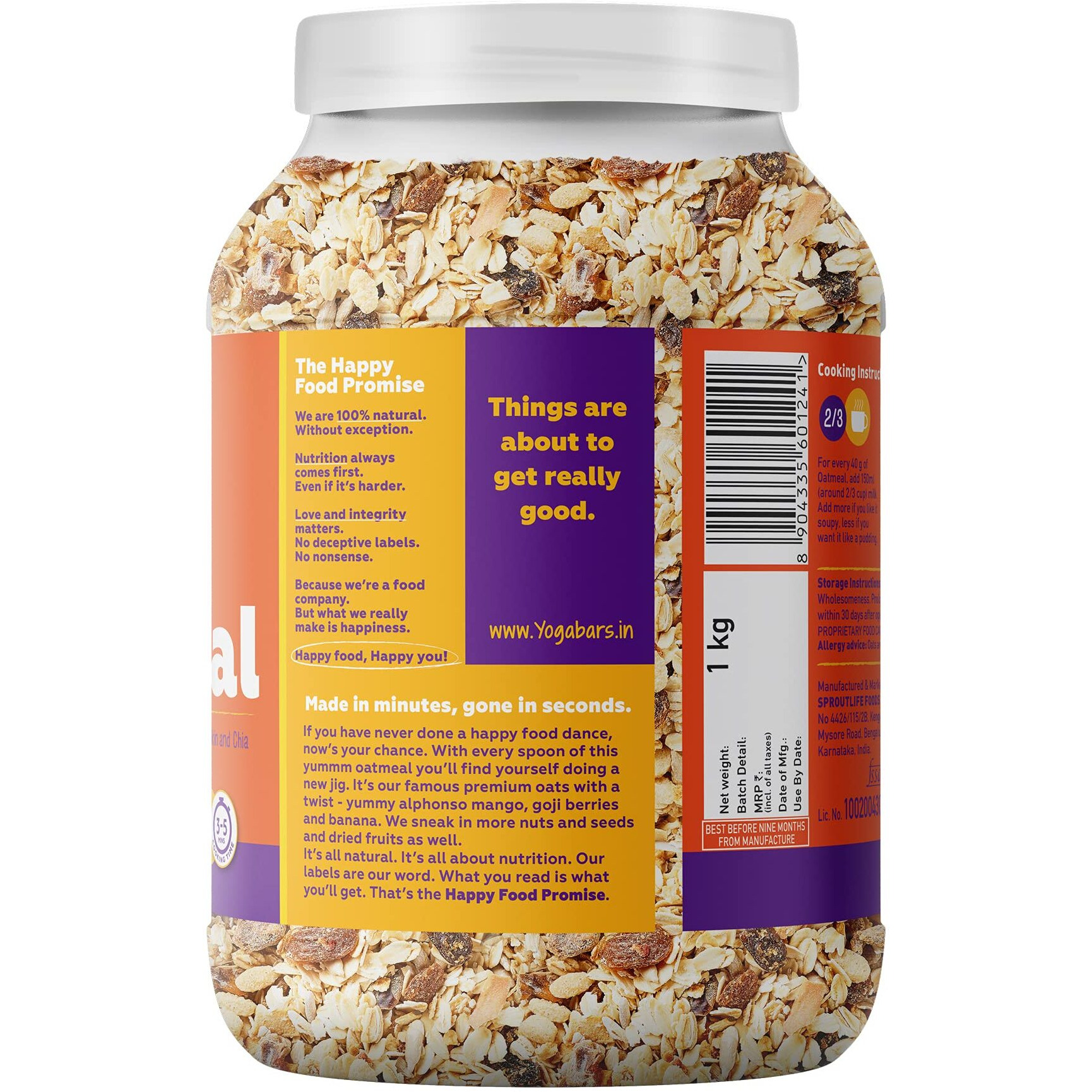 Yogabar No Added Sugar Oatmeal 1kg - with Alphonso Mango, Chia Seeds and Real Fruits & Berries - Whole Breakfast Oatmeal Cereal - Overnight Oats - with Rolled Oats for Weight Loss