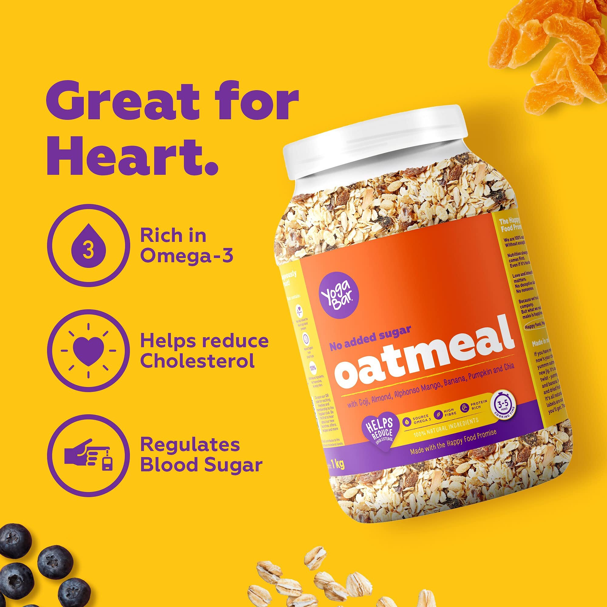Yogabar No Added Sugar Oatmeal 1kg - with Alphonso Mango, Chia Seeds and Real Fruits & Berries - Whole Breakfast Oatmeal Cereal - Overnight Oats - with Rolled Oats for Weight Loss