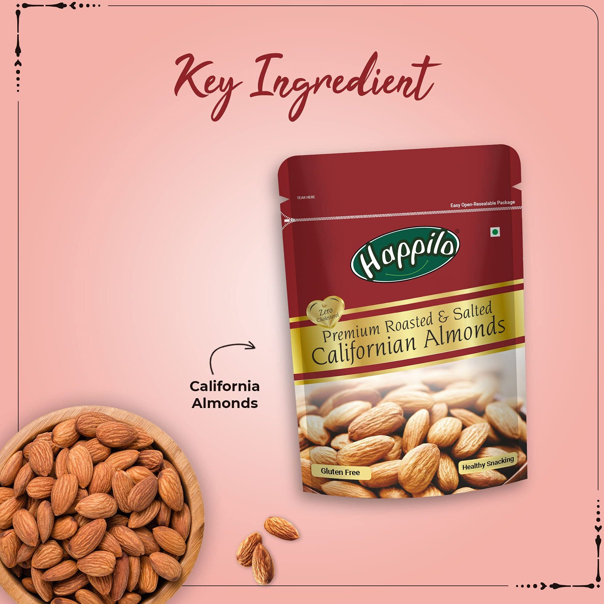 Happilo Premium Californian Almonds Roasted & Salted 200 g (Pack of 5) | Badam Dry Fruit | High Protein Snack & Super Healthy Crunchy Nuts | Freshly Roasted & Lightly Salted