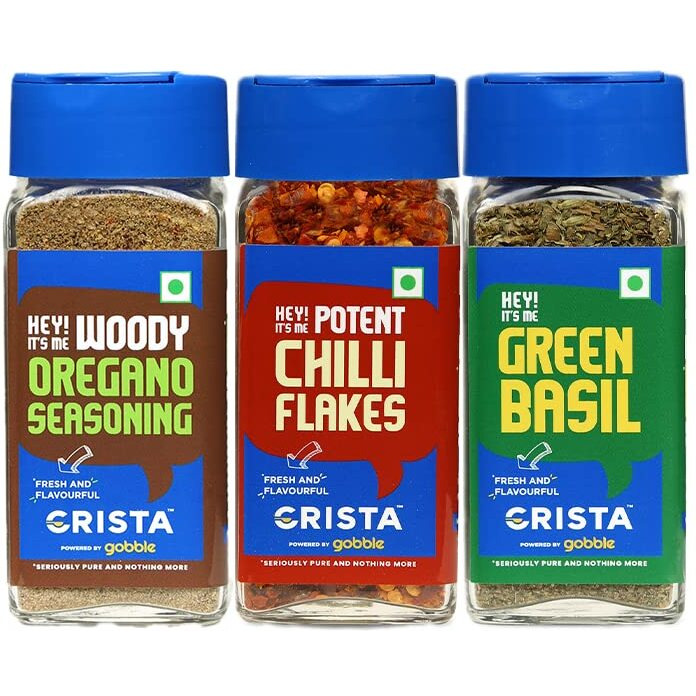 CRISTA Basic Italian Spices Combo Pack | Chilli Flakes x 1, 30 gms | Basil x 1, 15 gms | Oregano Seasoning x 1, 50 gms | Pack of 3 | Zero added Colours, Fillers, Additives & Preservatives
