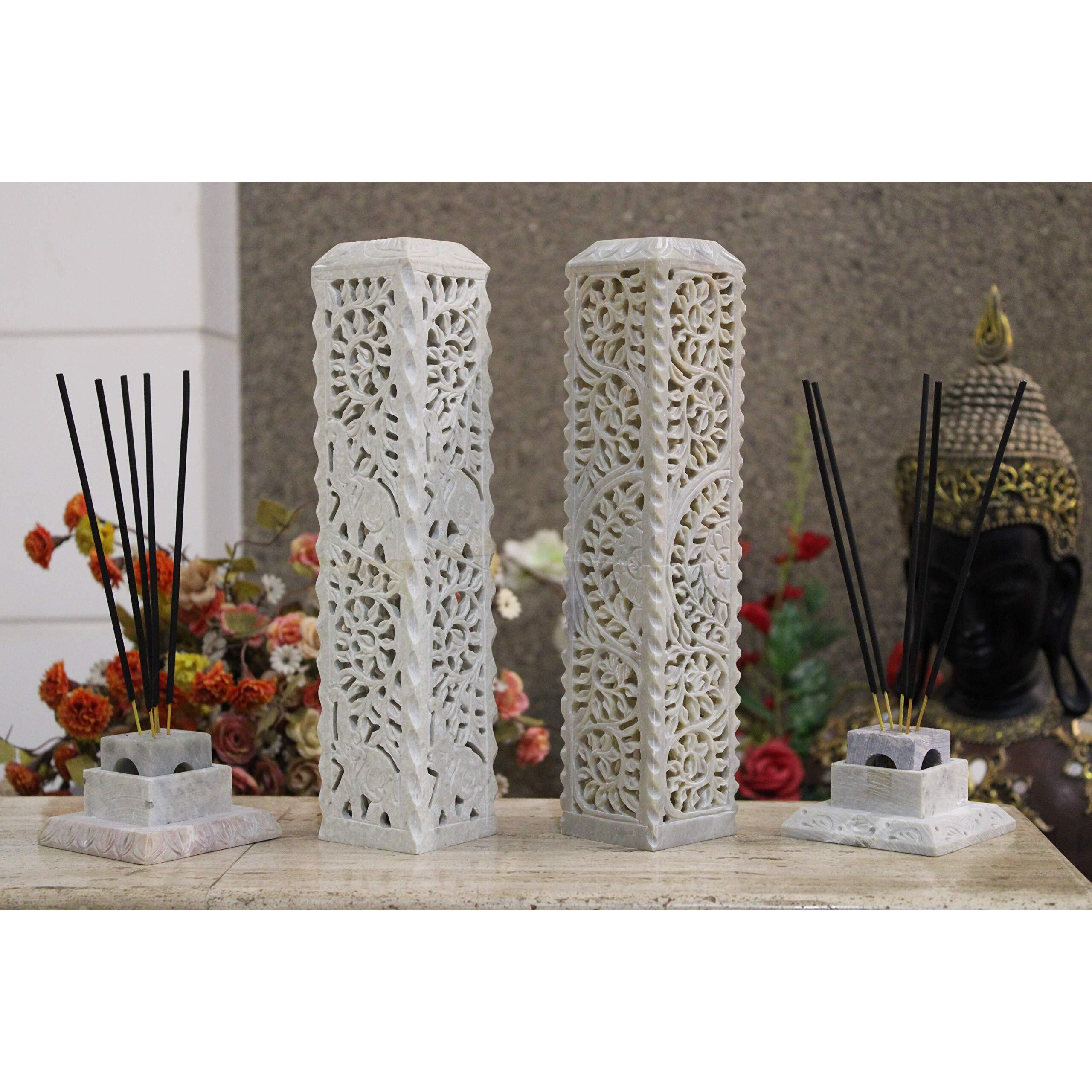 KC KULLICRAFT Handcrafted Soapstone Marble Incense Holder Set of 2 with 12 Chandan Fragrance Sticks