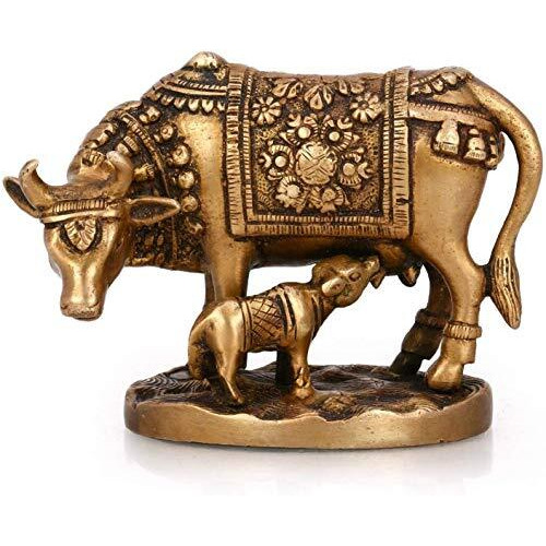 Pick End Now Kamdhenu Cow with Calf Sculpture Brass Statue, Nandi Cow Sculpture | Product Dimensions - 5.2x2.3x4 Inch, 900gm