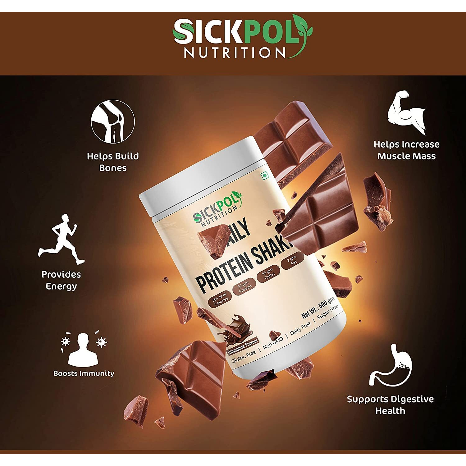 Sickpol Nutrition Daily Protein Shake 364 kcal Calories 32 gm Protein 55 gm Carbs 2 gm Fat Provide Energy,support Immunity & Bone Health-for Men & Women Chocolate Milk Shake Flavor (Chocolate 2Pack)