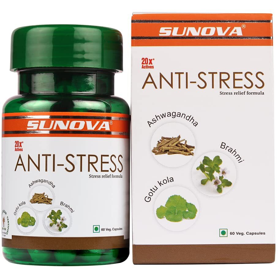 SUNOVA Anti-Stress Capsules  Herbal Stress Relief Formula, Ashwagandha Extract for Relieving Stress, Calming Anxiety  60 Veg. Capsules