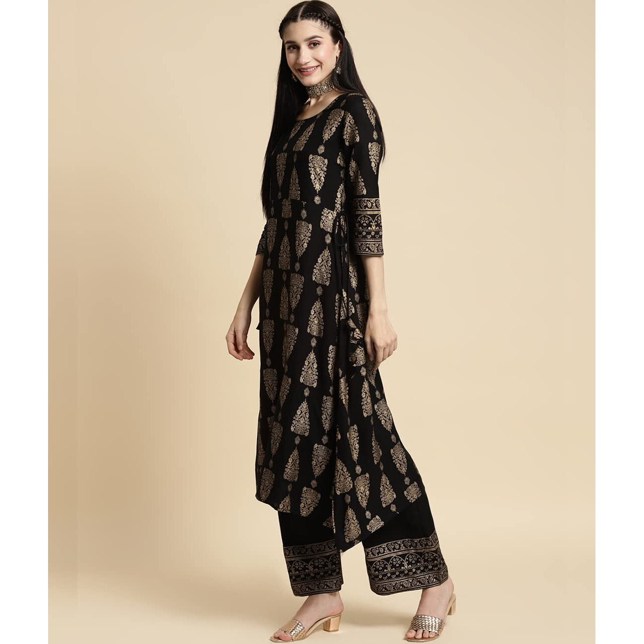 rangita Black Rayon Printed A-line Kurta with Palazzo | Kurta Set for Women_M