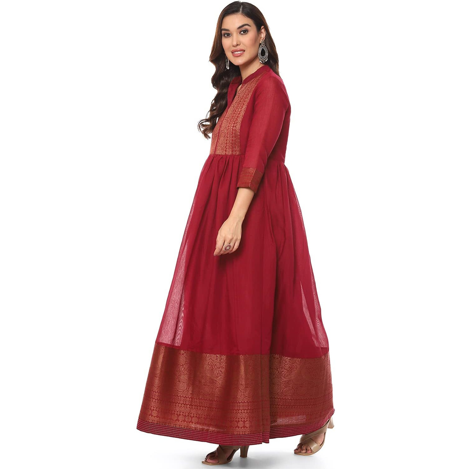 BIBA Womens Maroon Art Silk Flared Yarndyed Kurta