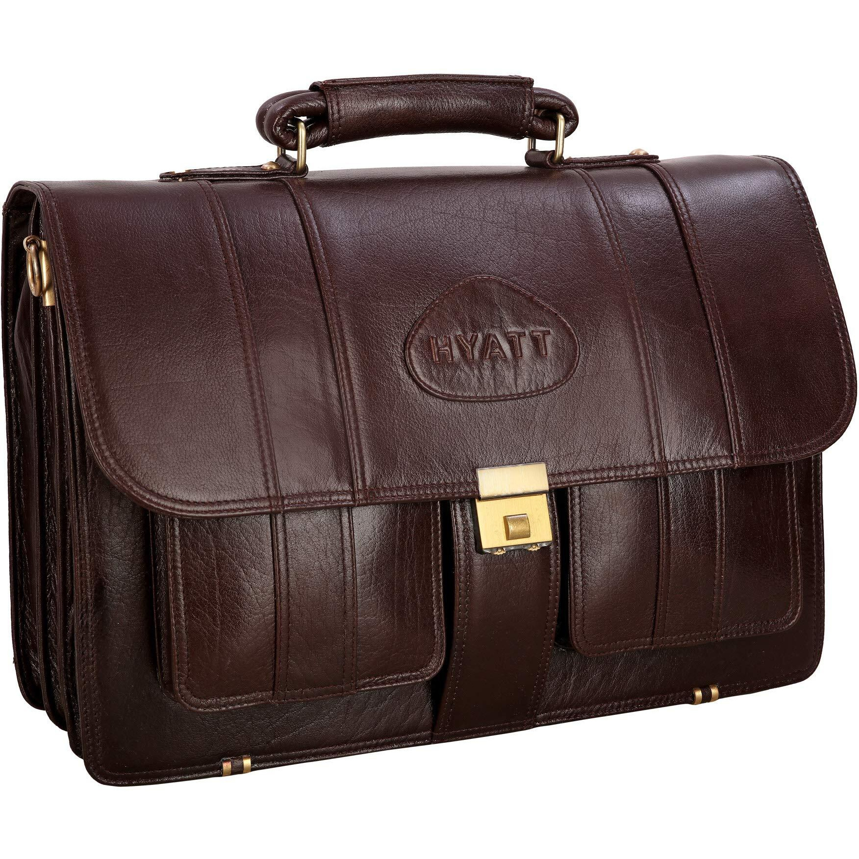 HYATT Leather Accessories Mens and Womens Briefcase (Brown)