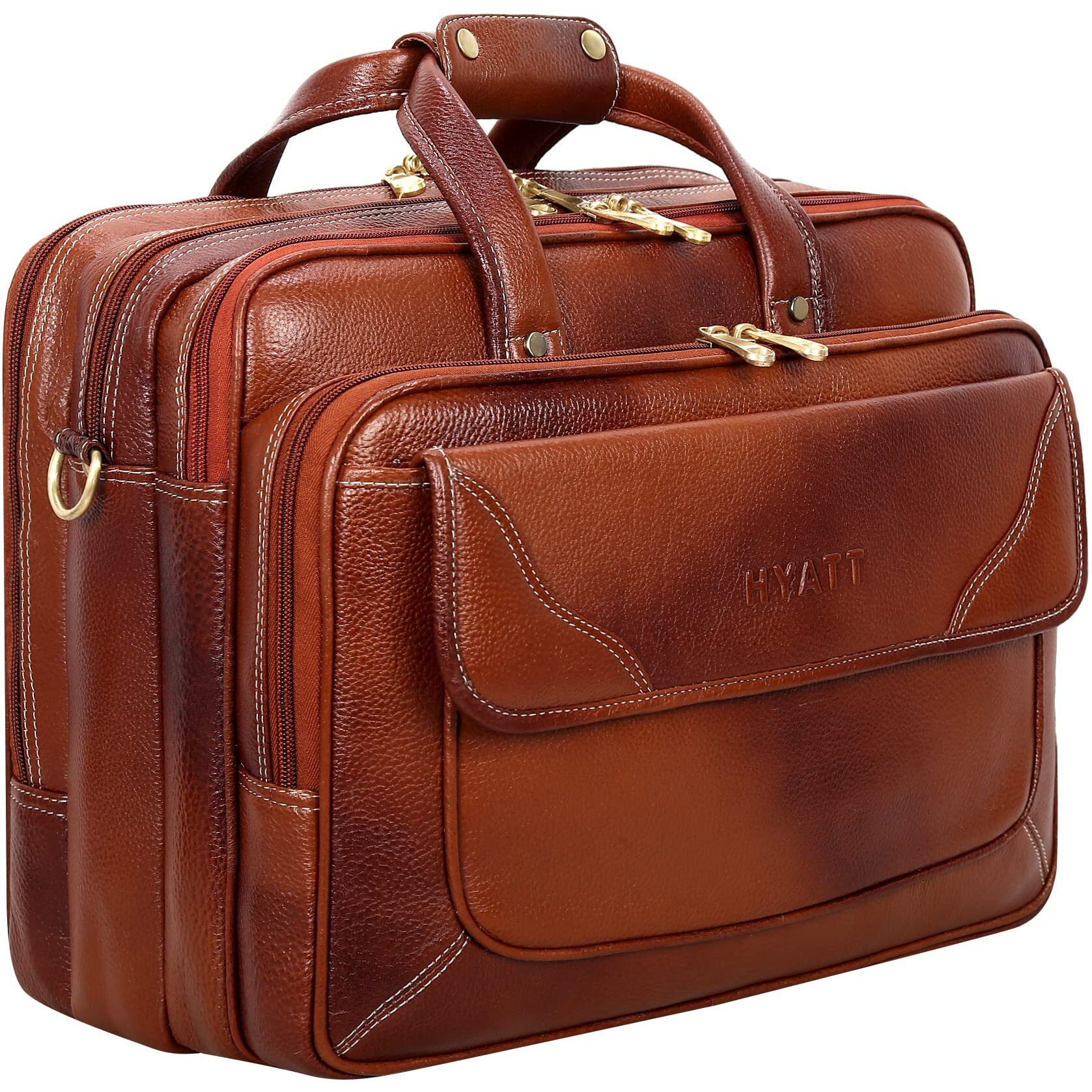 HYATT 100% LEATHER Shoulder Bag For Men & Women with Expandable Features & Comfortable 15.6 Inches Laptop Compartment. (Tan)
