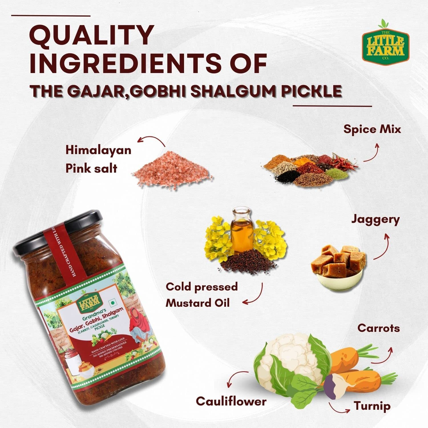 THE LITTLE FARM CO Punjabi Mixed Pickle - Gobhi Gajjar Shalgum ka Achar | Less Oil Mustard Base Homemade Mixed Pickles with Jaggery | No Added Preservatives & Flavours | Traditional Recipe, 450g