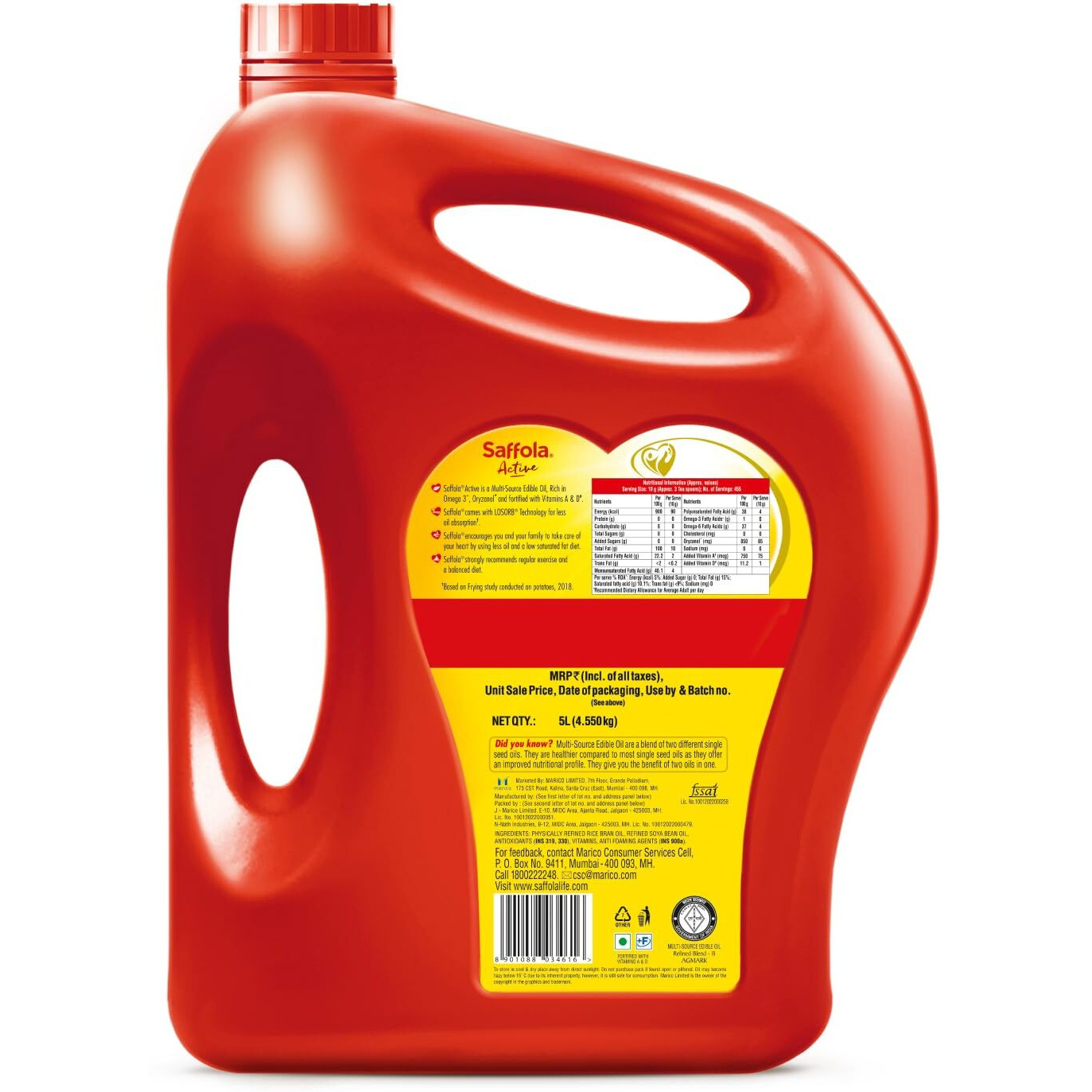 Saffola Active Refined Oil|Blend of Rice Bran Oil & Soyabean Oil|Cooking Oil|Pro Weight Watchers Edible Oil 5 litre Jar