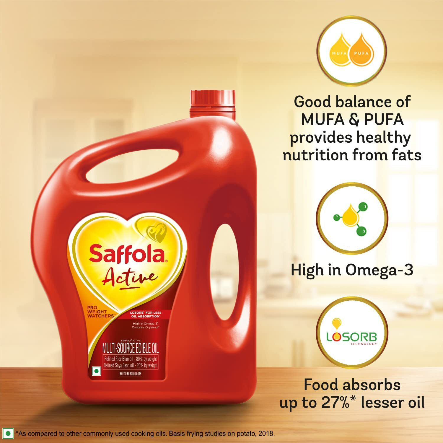 Saffola Active Refined Oil|Blend of Rice Bran Oil & Soyabean Oil|Cooking Oil|Pro Weight Watchers Edible Oil 5 litre Jar