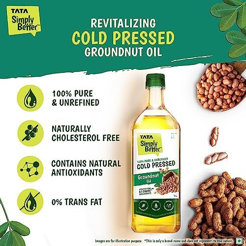 Tata Simply Better Pure and Unrefined Cold Pressed Groundnut (Peanut) Oil, Kolhu/Kacchi Ghani/Mara Chekku/Ganuga, Naturally Cholesterol Free, 1L, Groundnut Oil with Rich Aroma & Flavour of Real Groundnuts, For Daily Cooking with Multipurpose Usage, A1 Grade Groundnuts, Purity in Every Drop