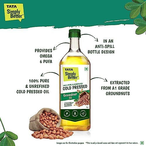 Tata Simply Better Pure and Unrefined Cold Pressed Groundnut (Peanut) Oil, Kolhu/Kacchi Ghani/Mara Chekku/Ganuga, Naturally Cholesterol Free, 1L, Groundnut Oil with Rich Aroma & Flavour of Real Groundnuts, For Daily Cooking with Multipurpose Usage, A1 Grade Groundnuts, Purity in Every Drop