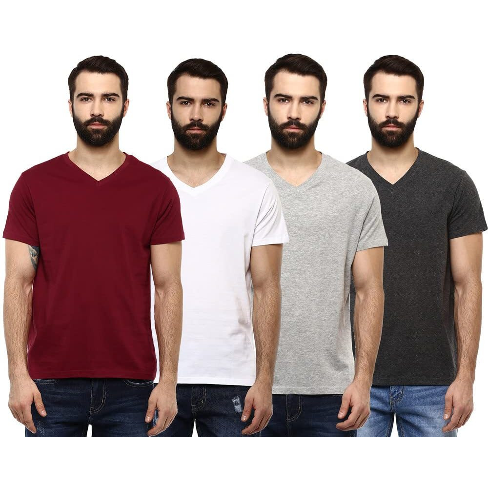Aventura Outfitters Premium Pure Cotton V-Neck Regular Fit TShirts for Men - (Pack of 4) (AO34-S_White, Grey Melange, Rio Red & Charcoal Melange)