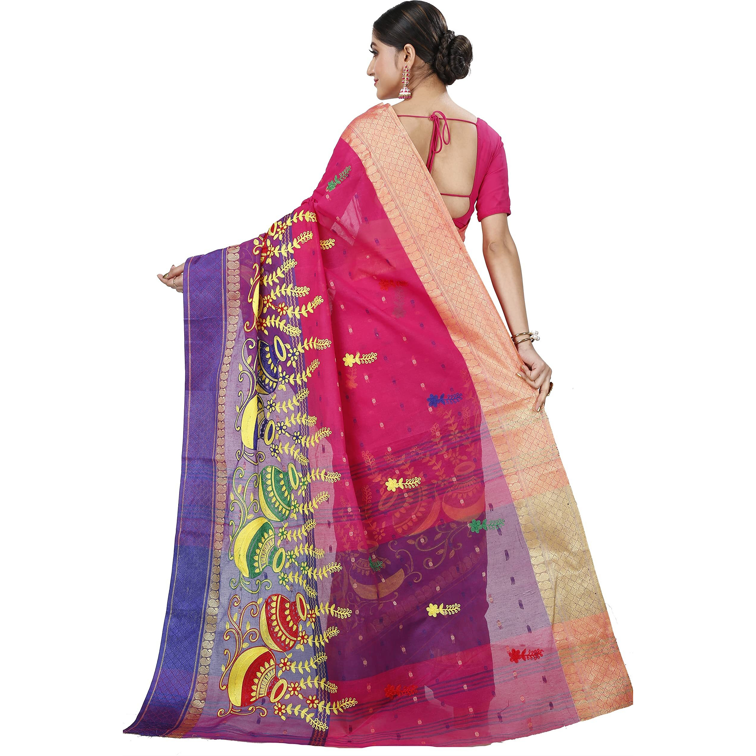Niharika Collections Women Pure Cotton Bengali Kalash Embroidery Tant Saree (Pink)