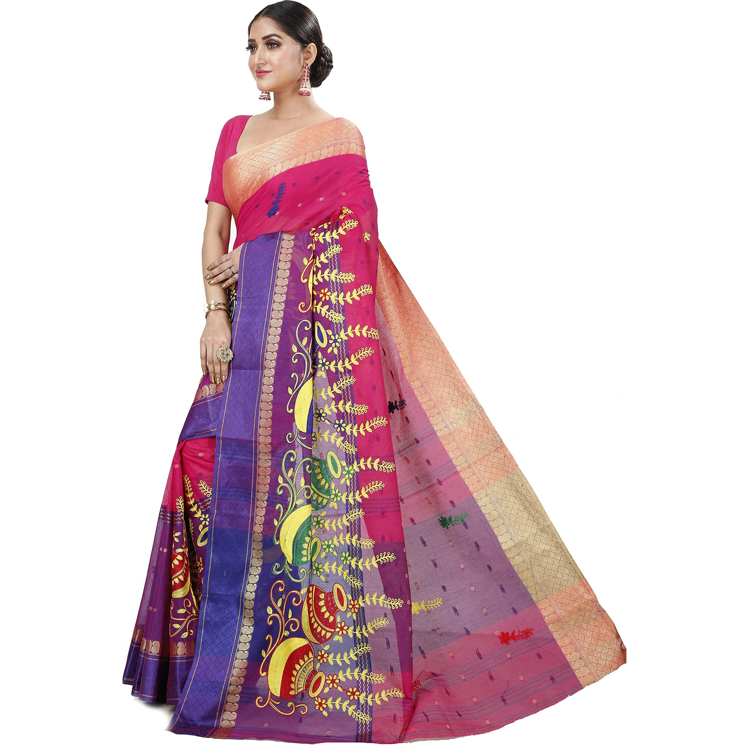 Niharika Collections Women Pure Cotton Bengali Kalash Embroidery Tant Saree (Pink)