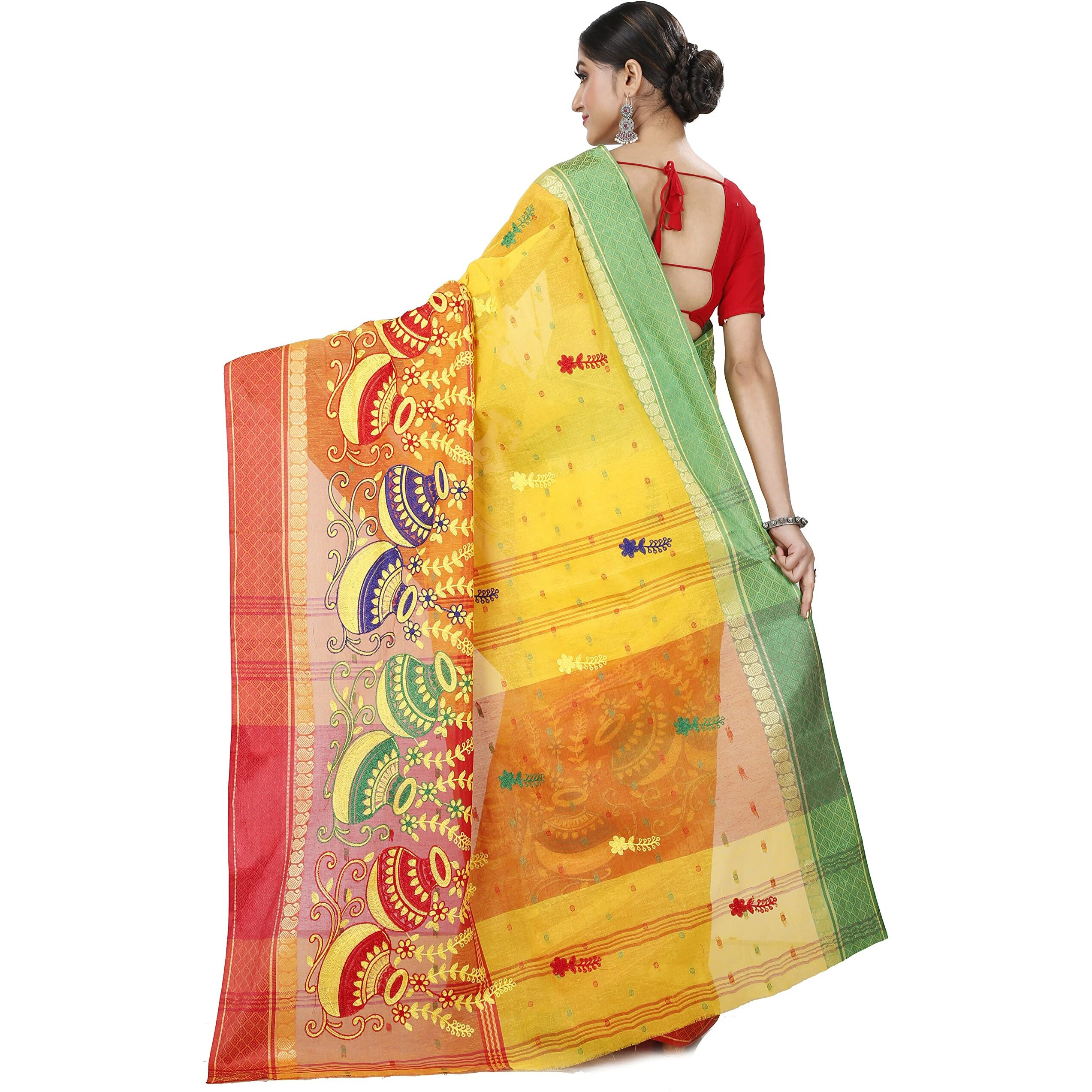 Niharika Collections Women Pure Cotton Bengali Kalash Embroidery Tant Saree (Yellow-Red)