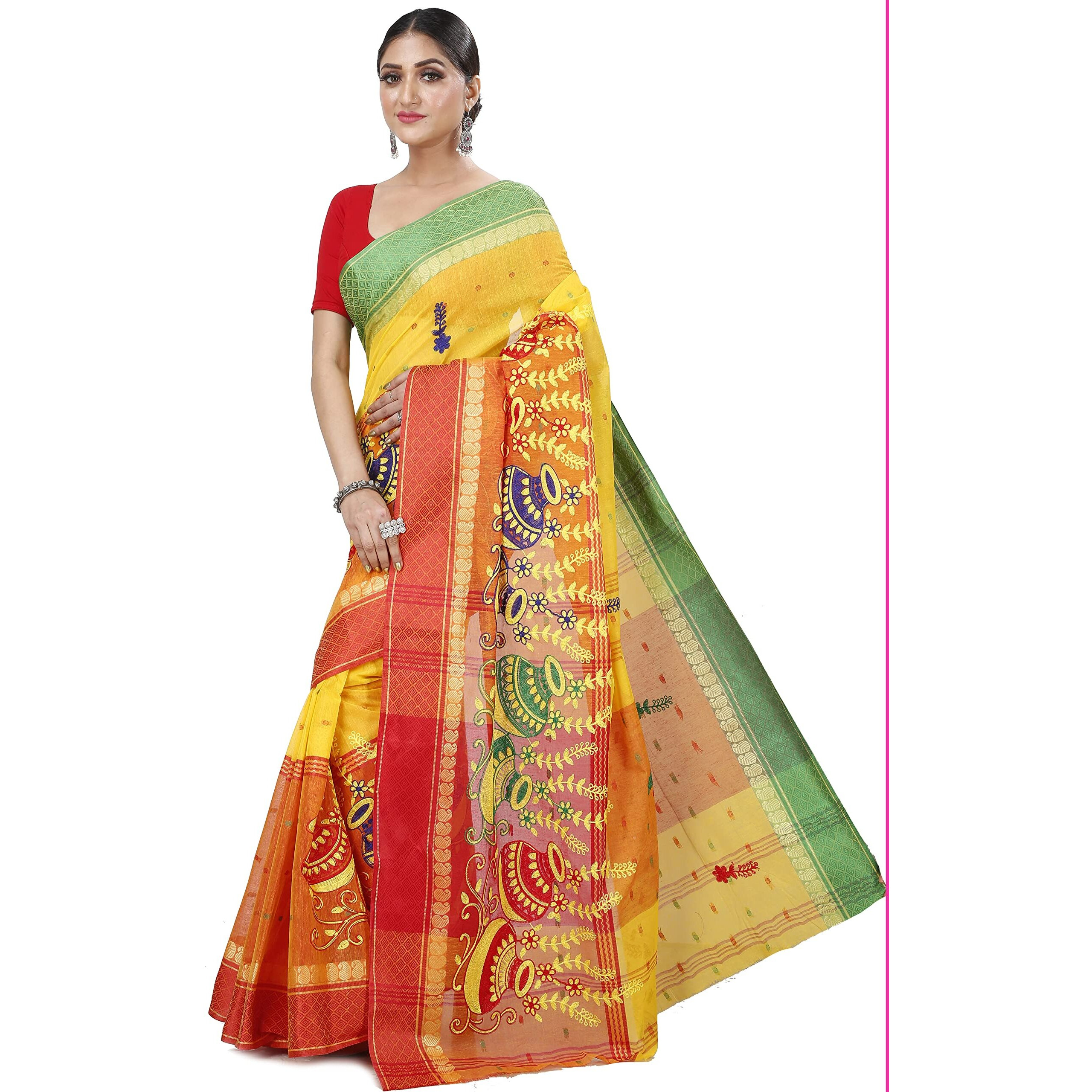 Niharika Collections Women Pure Cotton Bengali Kalash Embroidery Tant Saree (Yellow-Red)
