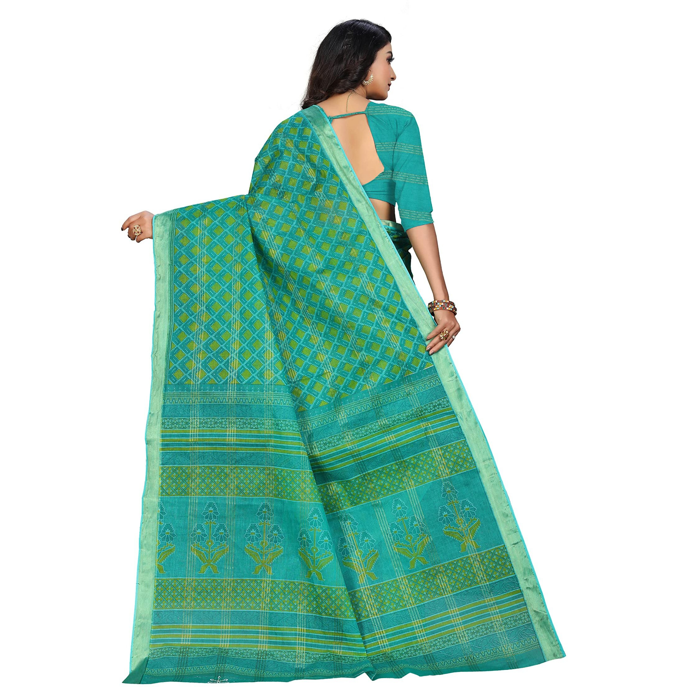 RATAN Pure Cotton Printed Mul Mul Saree for Women without Blouse Piece (BLR-2104_Green)
