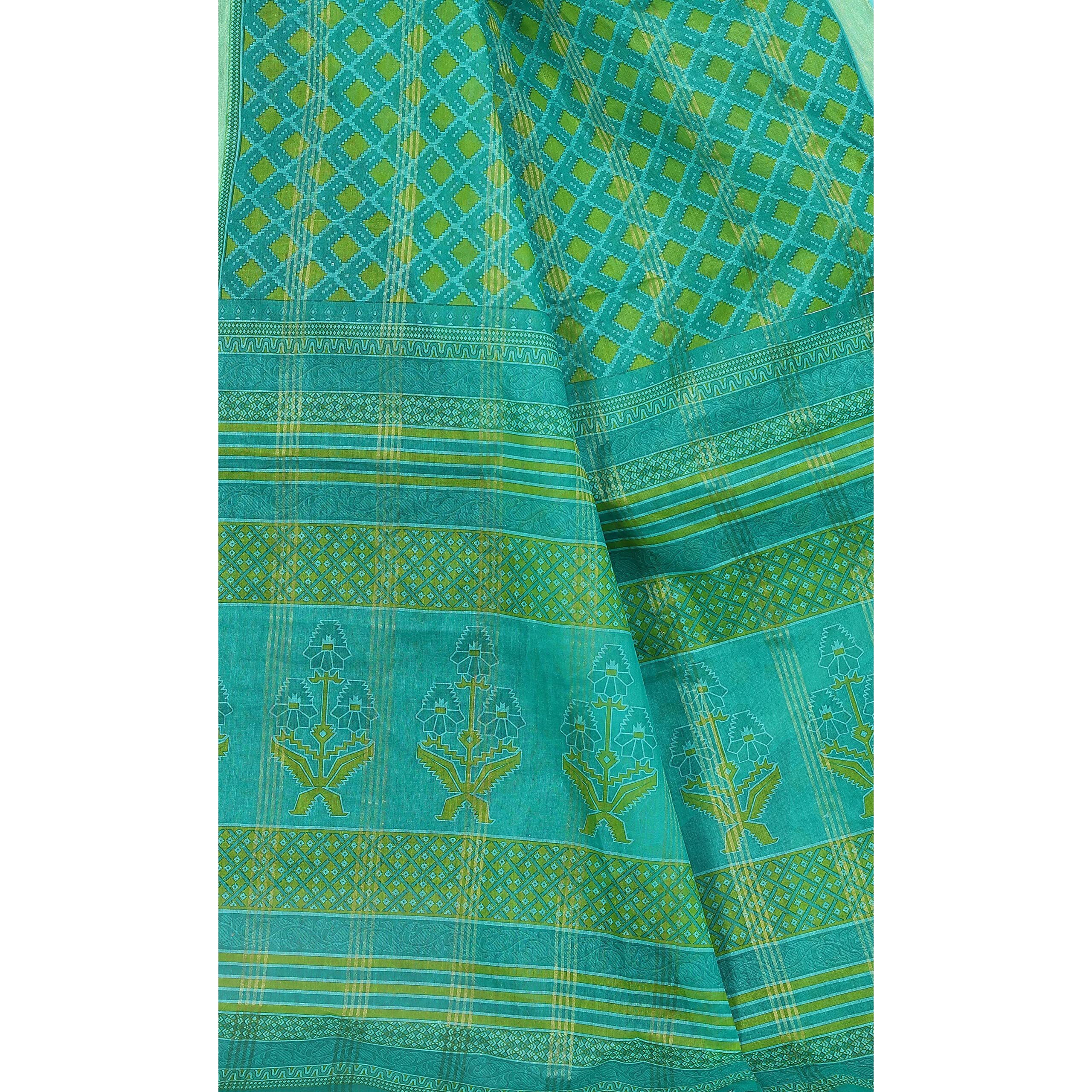 RATAN Pure Cotton Printed Mul Mul Saree for Women without Blouse Piece (BLR-2104_Green)