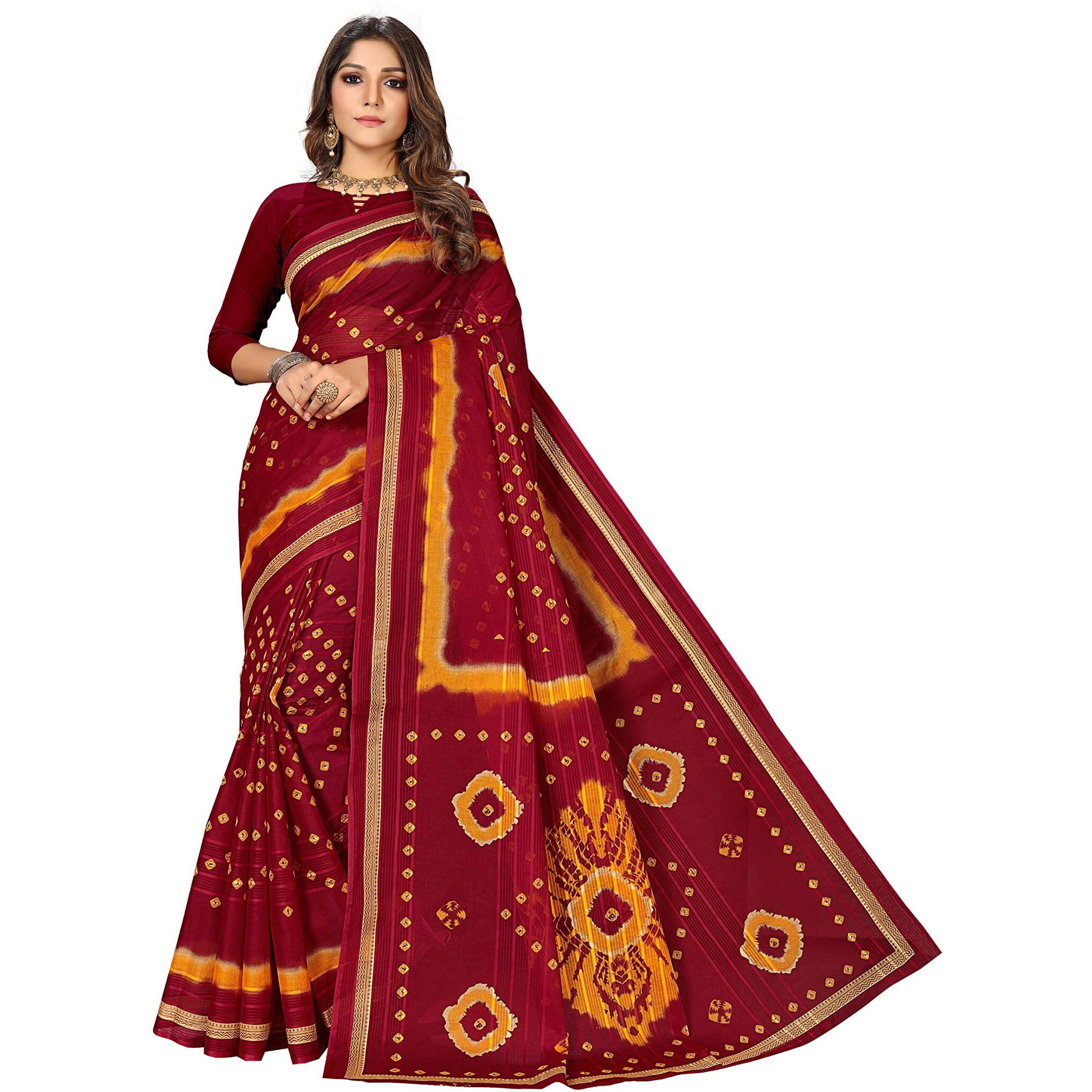 RATAN Pure Cotton Printed Saree for Women without Blouse Piece (HRT-5716_Maroon)