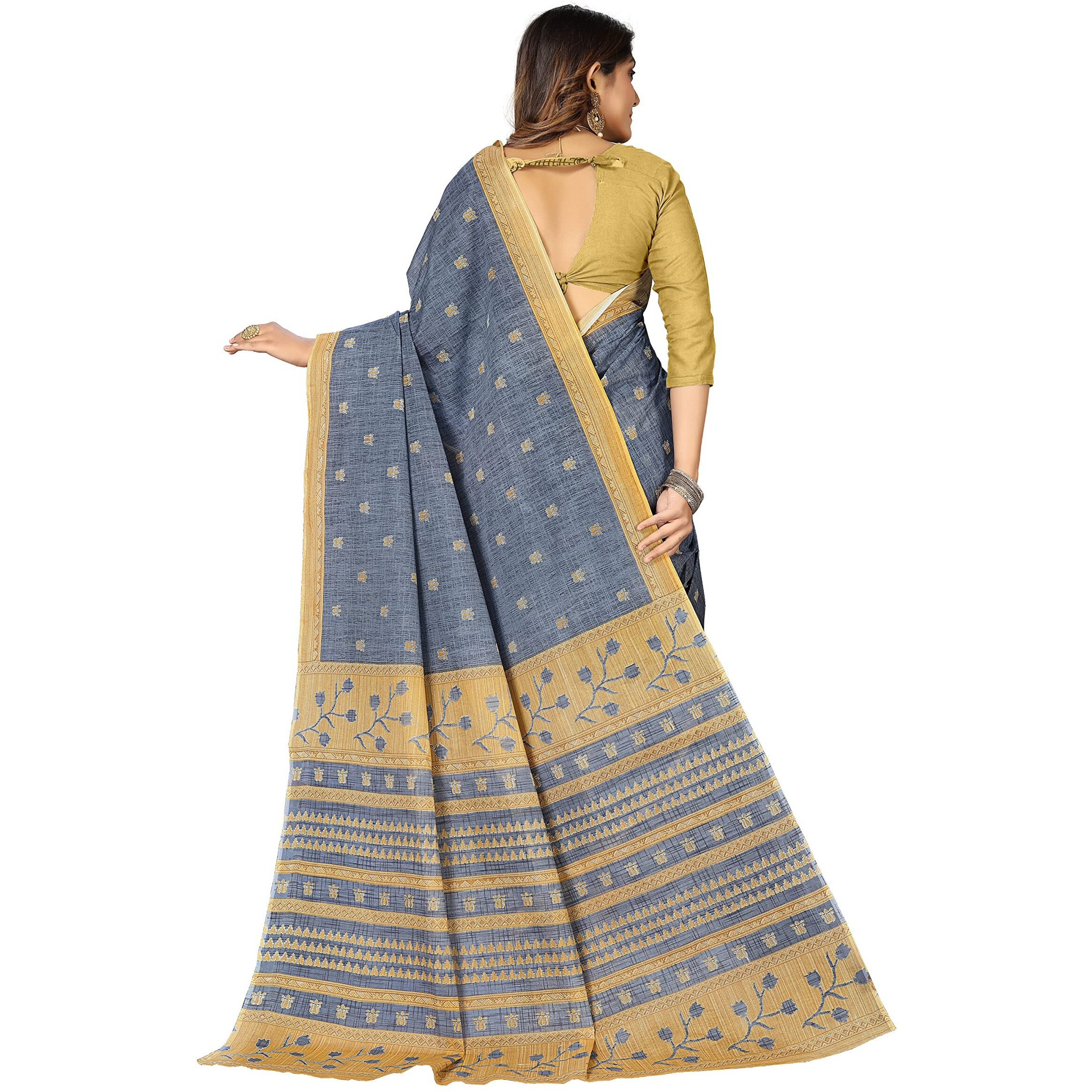 RATAN Womens Woven Cotton Saree Without Blouse Piece (Frsl-29257_Grey)