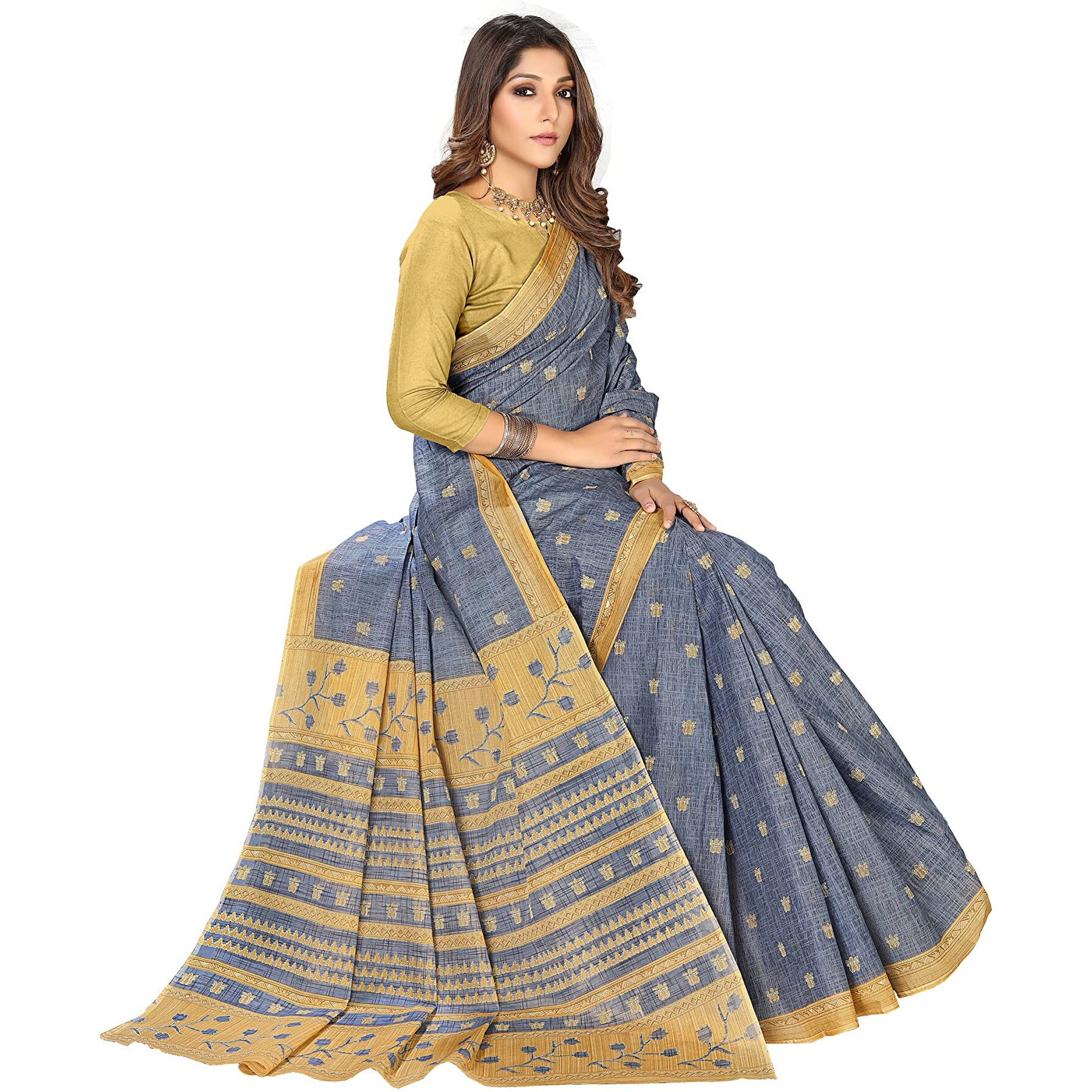 RATAN Womens Woven Cotton Saree Without Blouse Piece (Frsl-29257_Grey)