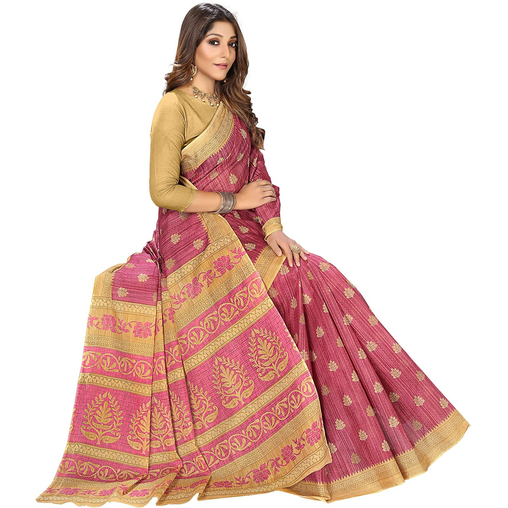 RATAN Womens Woven Cotton Saree Without Blouse Piece (Frsl-29251_Onion Pink)