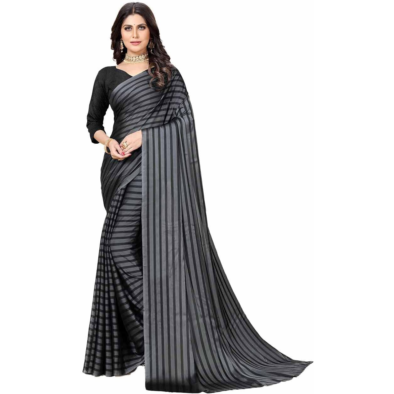 rangita Women Striped Georgette Saree With Blouse Piece - Grey (SIZE 5.5 MTR)