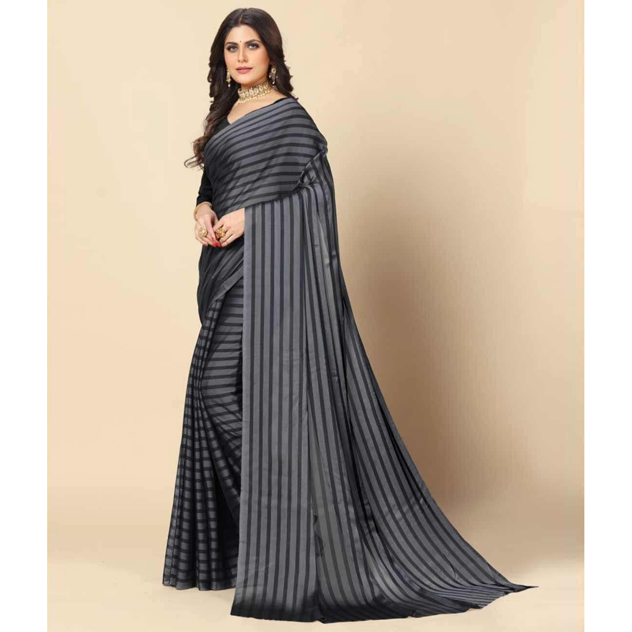 rangita Women Striped Georgette Saree With Blouse Piece - Grey (SIZE 5.5 MTR)