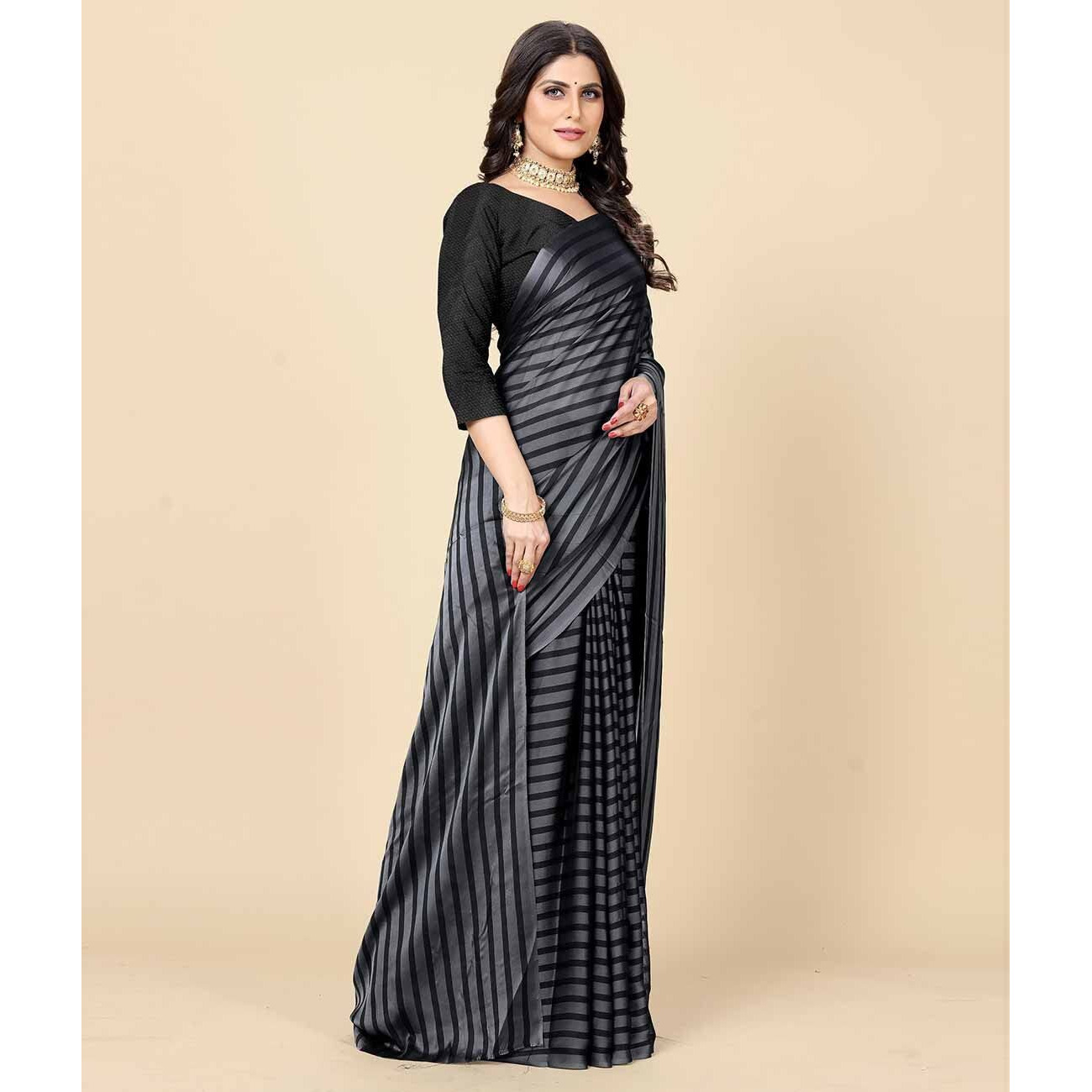 rangita Women Striped Georgette Saree With Blouse Piece - Grey (SIZE 5.5 MTR)