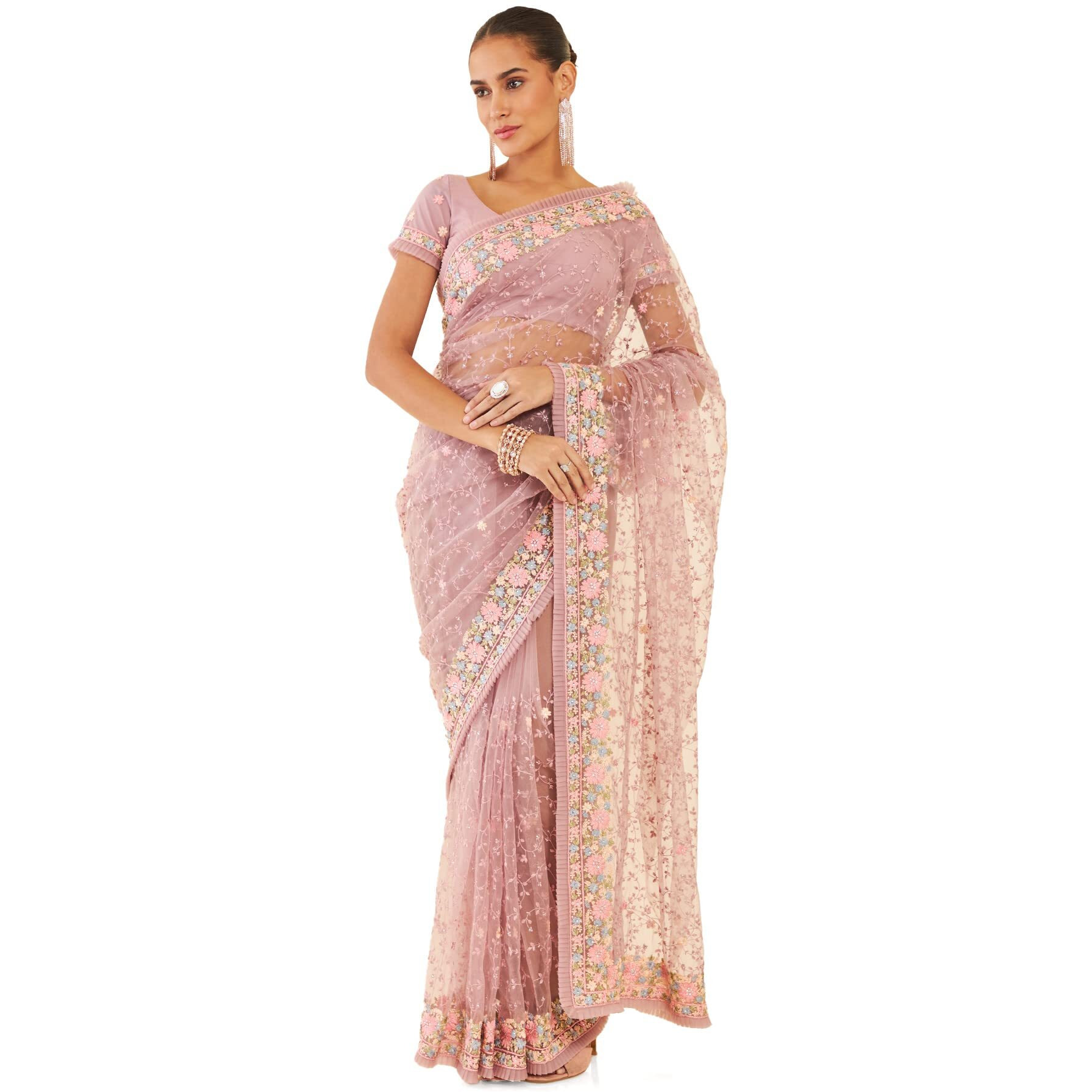 Soch Womens Purple Net Saree With Floral Embroidery