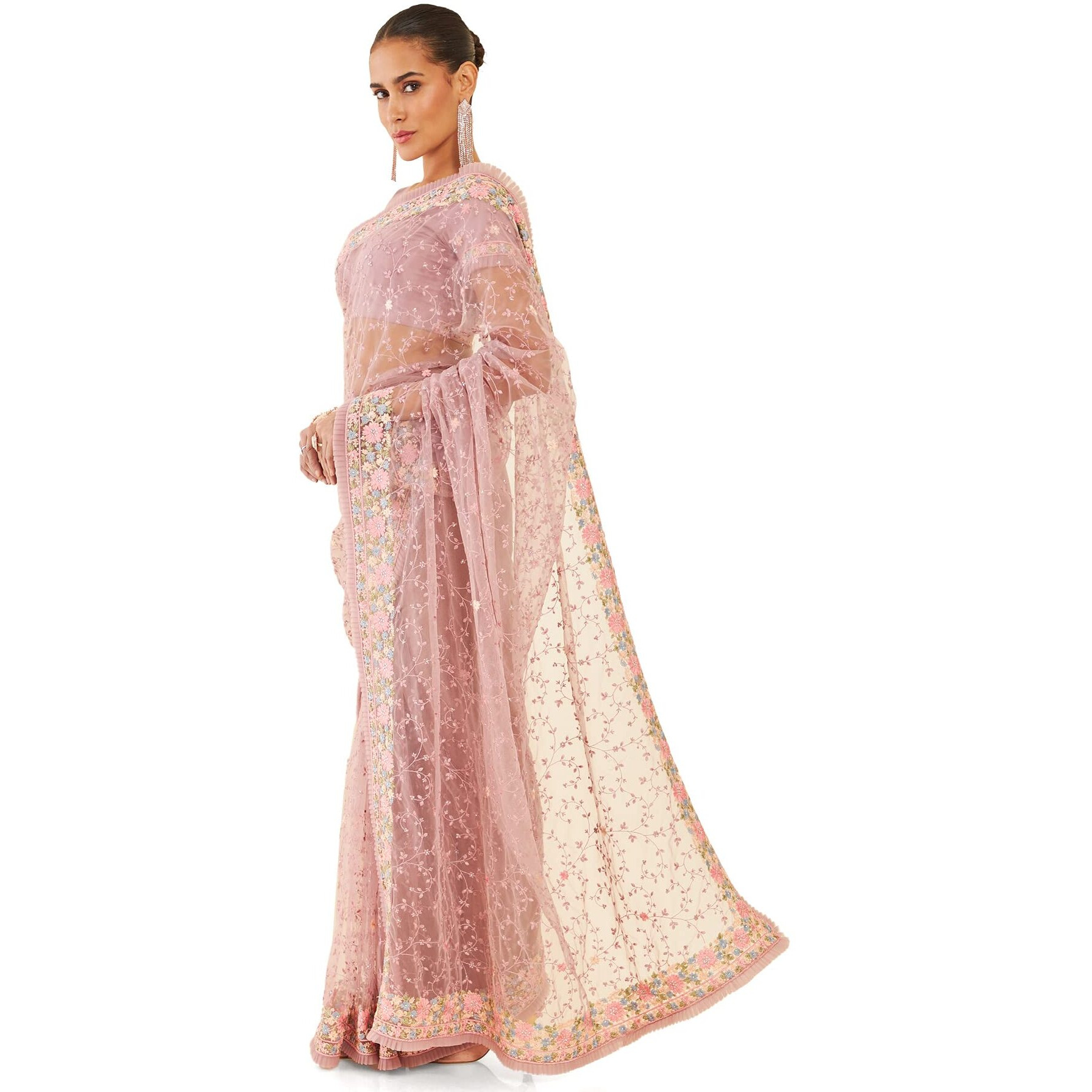 Soch Womens Purple Net Saree With Floral Embroidery