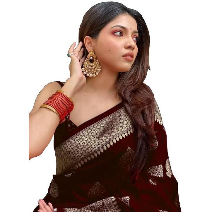 C J Enterprise Womens Banarasi Silk Saree Pure Kanjivaram Silk Saree Soft Wear kanchipuram Pattu Sarees Latest Cotton Sari With Blouse Piece for Wedding design sadi new ladies 2024 (Pari122 Maroon)
