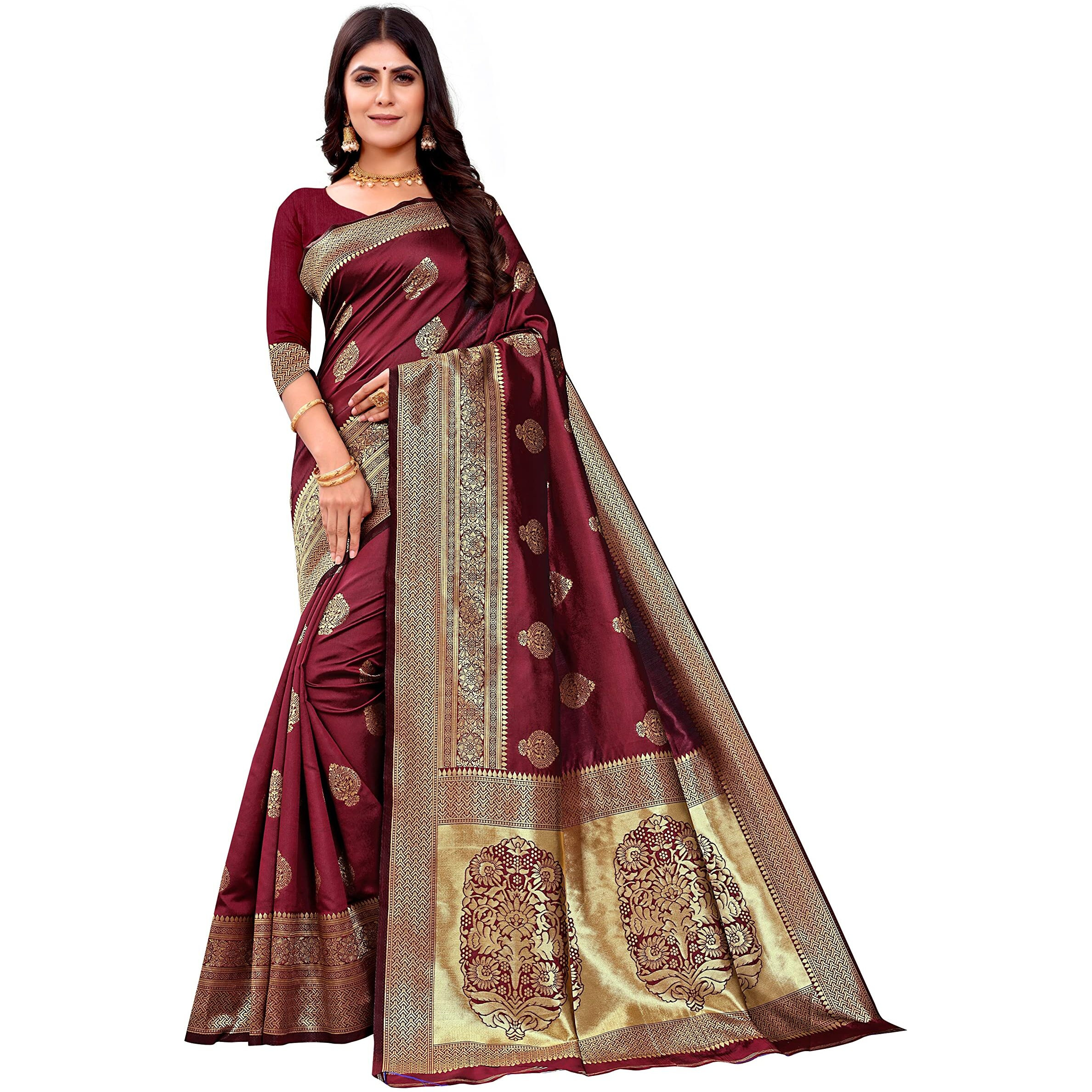 C J Enterprise Womens Banarasi Silk Saree Pure Kanjivaram Silk Saree Soft Wear kanchipuram Pattu Sarees Latest Cotton Sari With Blouse Piece for Wedding design sadi new ladies 2024 (Pari122 Maroon)