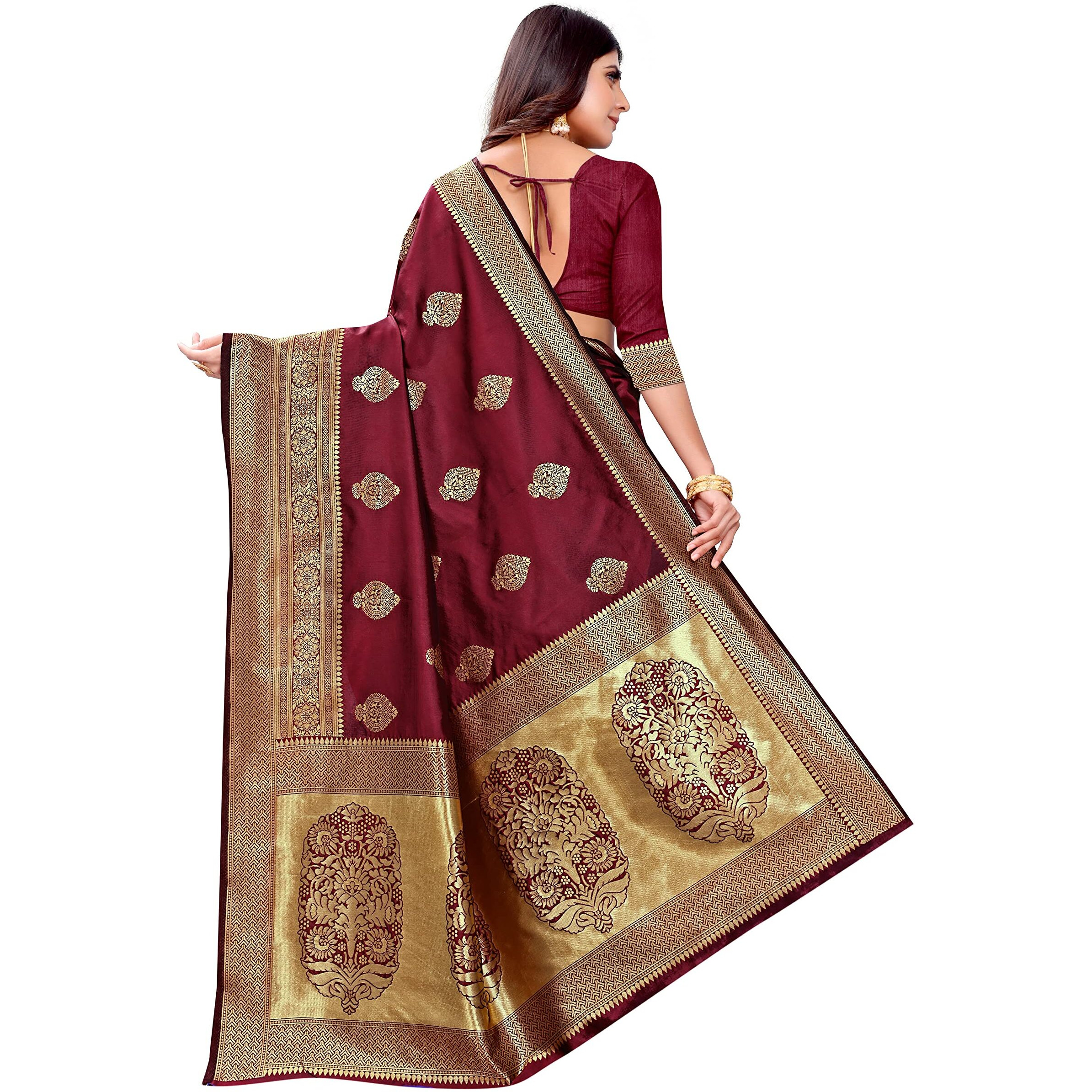 C J Enterprise Womens Banarasi Silk Saree Pure Kanjivaram Silk Saree Soft Wear kanchipuram Pattu Sarees Latest Cotton Sari With Blouse Piece for Wedding design sadi new ladies 2024 (Pari122 Maroon)