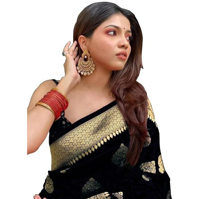 C J Enterprise Womens Banarasi Saree Pure Kanjivaram Silk Saree Soft Design Wear Pattu Sarees Latest Cotton With Blouse Piece Kanchipuram for Wedding sadi new ladies 2024 (paithani Pari122) (Black)