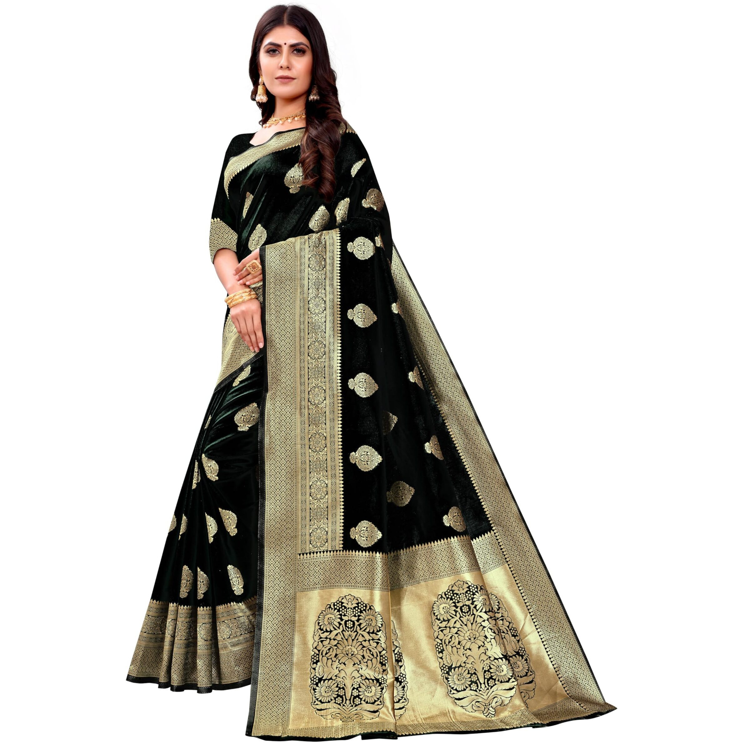 C J Enterprise Womens Banarasi Saree Pure Kanjivaram Silk Saree Soft Design Wear Pattu Sarees Latest Cotton With Blouse Piece Kanchipuram for Wedding sadi new ladies 2024 (paithani Pari122) (Black)