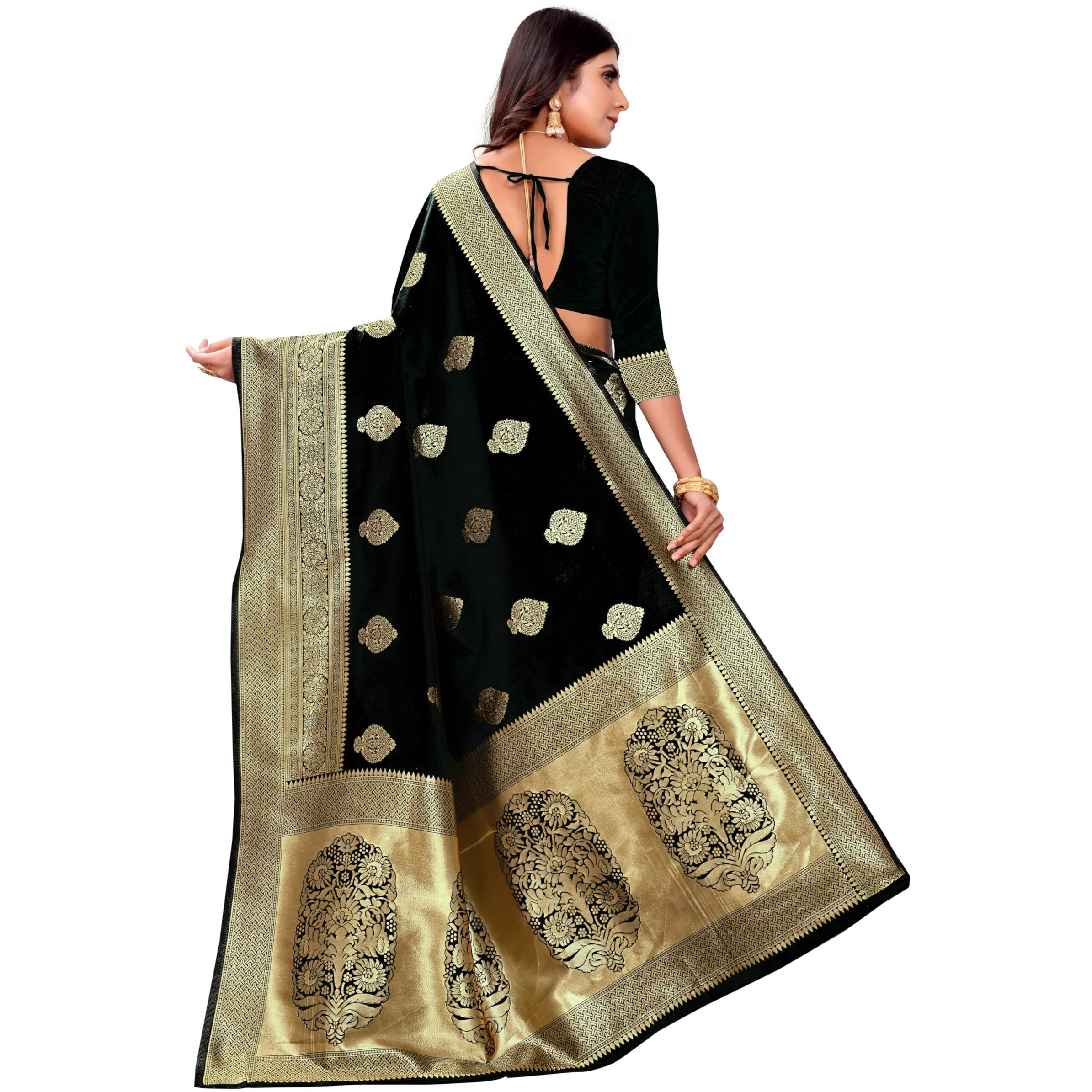 C J Enterprise Womens Banarasi Saree Pure Kanjivaram Silk Saree Soft Design Wear Pattu Sarees Latest Cotton With Blouse Piece Kanchipuram for Wedding sadi new ladies 2024 (paithani Pari122) (Black)