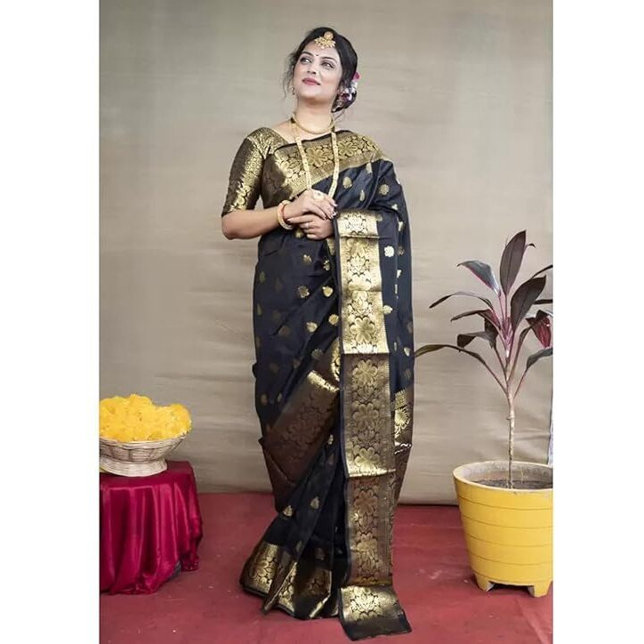 C J Enterprise Womens Banarasi Saree Pure Kanjivaram Silk Saree Soft Design Wear Pattu Sarees Latest Cotton With Blouse Piece Kanchipuram for Wedding sadi new ladies 2023 (Vruksh) (Black)