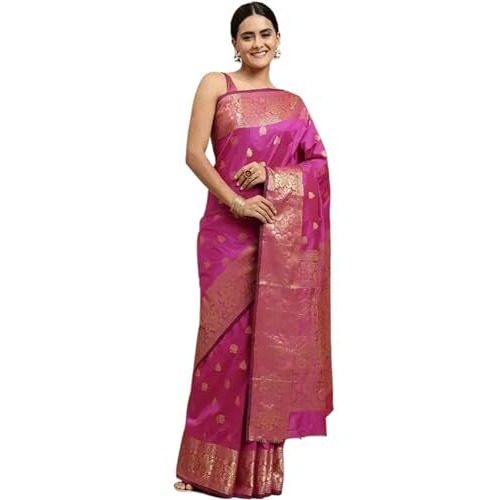 C J Enterprise Womens Banarasi Saree Pure Kanjivaram Silk Saree Soft Design Wear Pattu Sarees Latest Cotton With Blouse Piece Kanchipuram for Wedding sadi new ladies 2023 (Vruksh) (Pink)