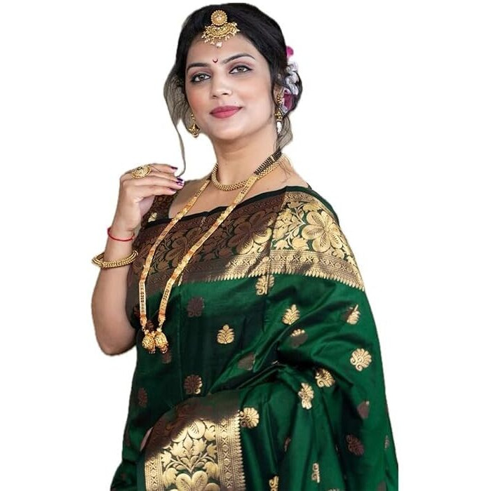 C J Enterprise Womens Banarasi Saree Pure Kanjivaram Silk Saree Soft Design Wear Pattu Sarees Latest Cotton With Blouse Piece Kanchipuram for Wedding sadi new ladies 2023 (Vruksh) (DarkGreen)