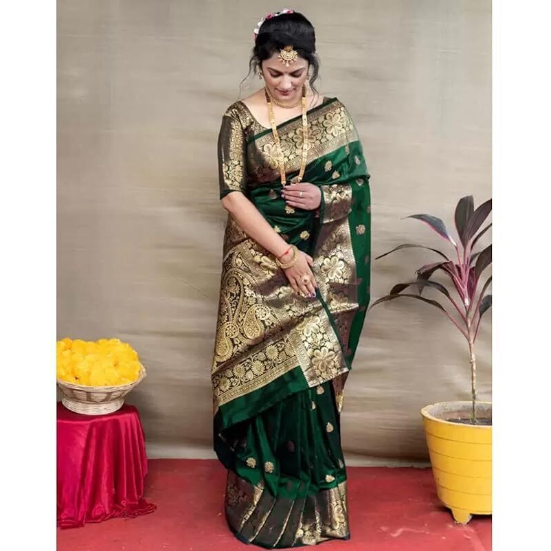 C J Enterprise Womens Banarasi Saree Pure Kanjivaram Silk Saree Soft Design Wear Pattu Sarees Latest Cotton With Blouse Piece Kanchipuram for Wedding sadi new ladies 2023 (Vruksh) (DarkGreen)