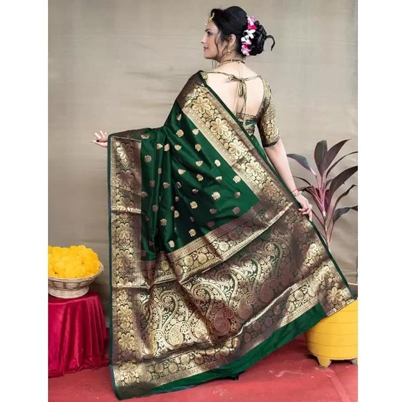 C J Enterprise Womens Banarasi Saree Pure Kanjivaram Silk Saree Soft Design Wear Pattu Sarees Latest Cotton With Blouse Piece Kanchipuram for Wedding sadi new ladies 2023 (Vruksh) (DarkGreen)