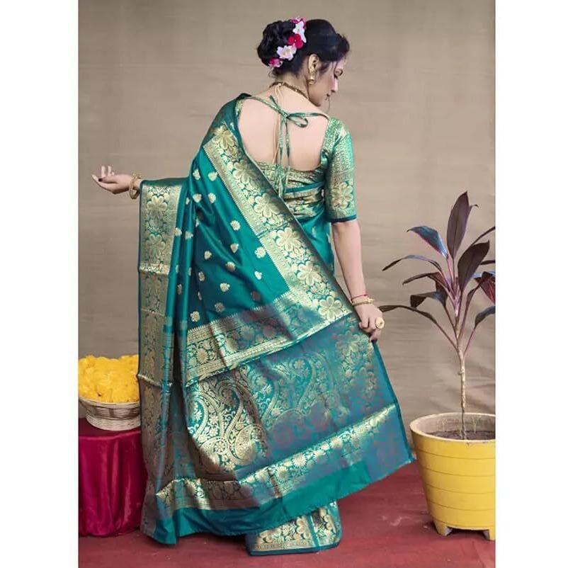 C J Enterprise Womens Banarasi Saree Pure Kanjivaram Silk Saree Soft Design Wear Pattu Sarees Latest Cotton With Blouse Piece Kanchipuram for Wedding sadi new ladies 2023 (Vruksh) (Rama)