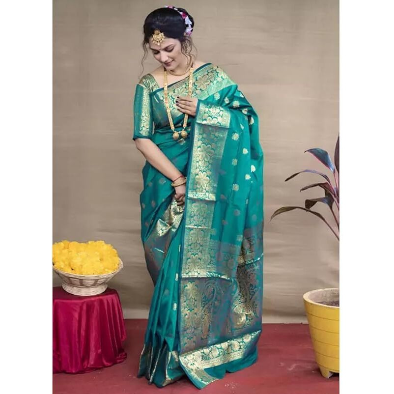 C J Enterprise Womens Banarasi Saree Pure Kanjivaram Silk Saree Soft Design Wear Pattu Sarees Latest Cotton With Blouse Piece Kanchipuram for Wedding sadi new ladies 2023 (Vruksh) (Rama)