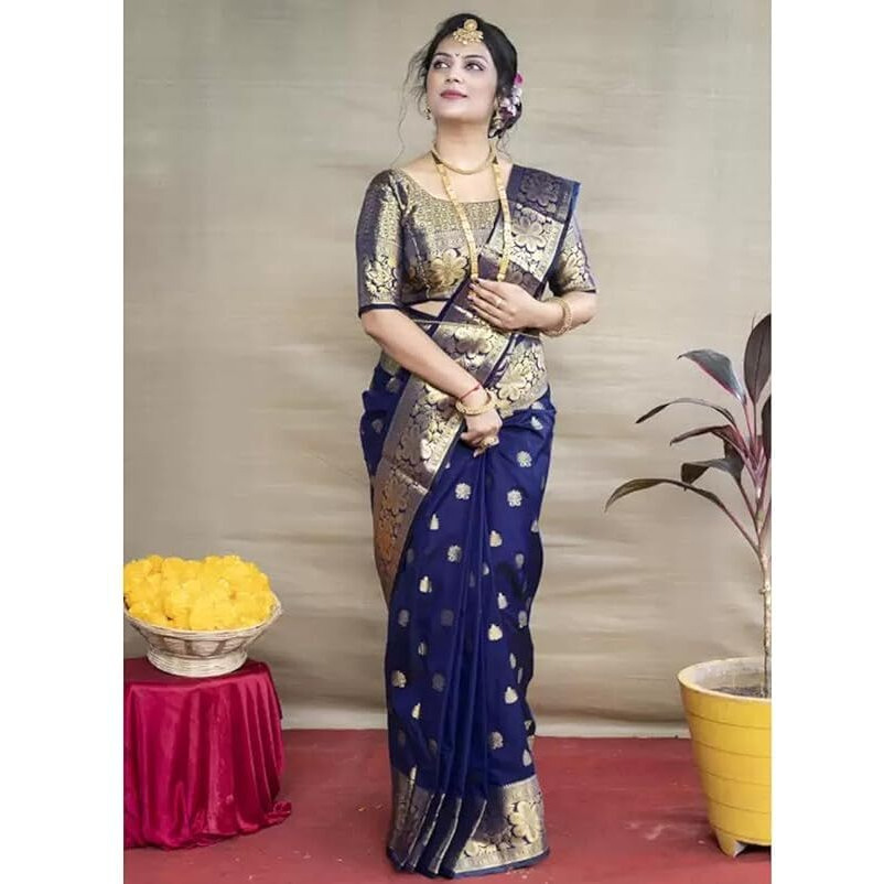 C J Enterprise Womens Banarasi Saree Pure Kanjivaram Silk Saree Soft Design Wear Pattu Sarees Latest Cotton With Blouse Piece Kanchipuram for Wedding sadi new ladies 2023 (Vruksh) (NavyBlue)