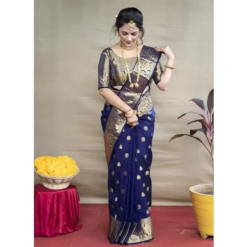 C J Enterprise Womens Banarasi Saree Pure Kanjivaram Silk Saree Soft Design Wear Pattu Sarees Latest Cotton With Blouse Piece Kanchipuram for Wedding sadi new ladies 2023 (Vruksh) (NavyBlue)