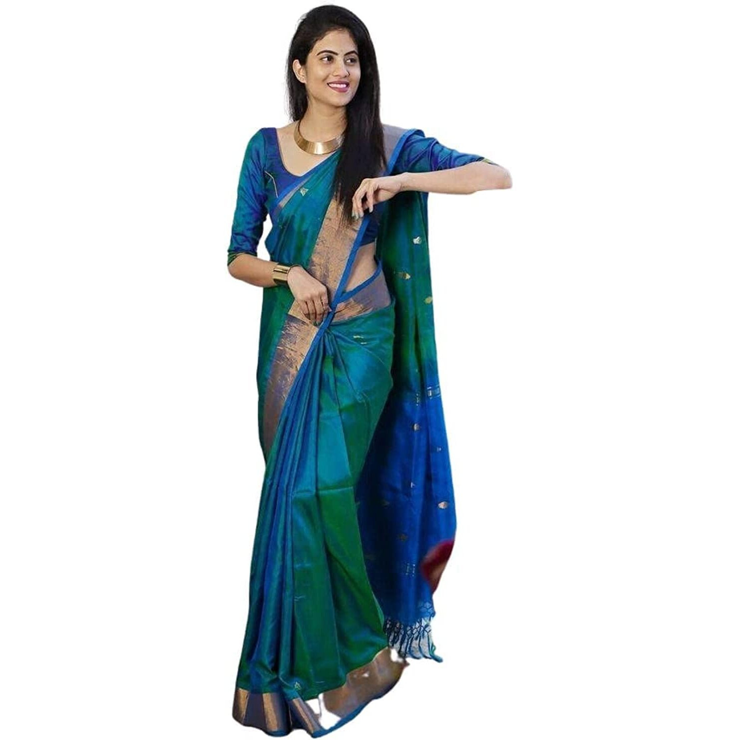 SGF11- Womens Kanjivaram Zari Woven Soft Silk Saree With Unstiched Blouse Piece (Rama Green)
